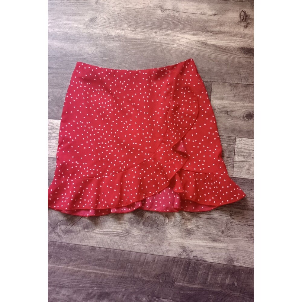 Romwe Women's M Red Ruffle Faux Wrap Red With White Stars Mini Skirt
